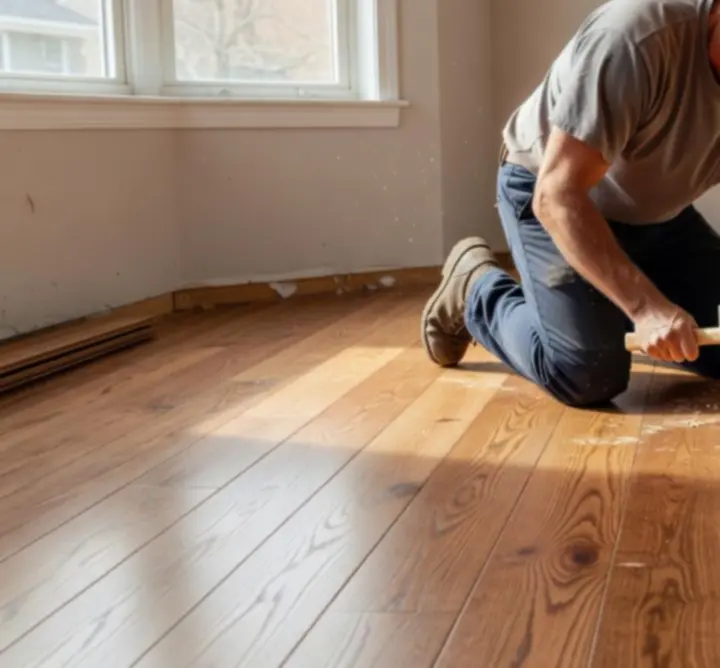 Montaż drewnianej podłogi podczas prac wykończeniowych